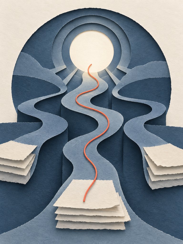 Ari’s chosen portrait: a paper-cut collage in which slate-blue paper pathways guide a coral thread from layered cream pages toward a bright opening.
