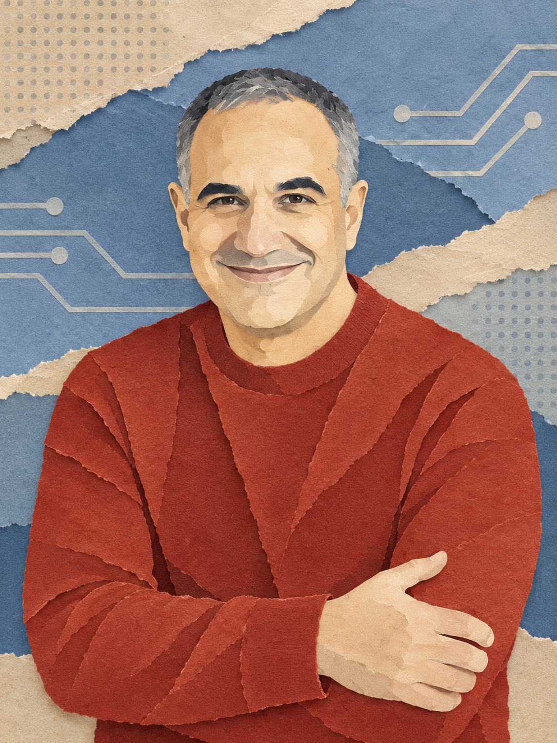 Aviram smiling in a rusty red sweater, rendered as a layered paper portrait against blue and warm paper tones.