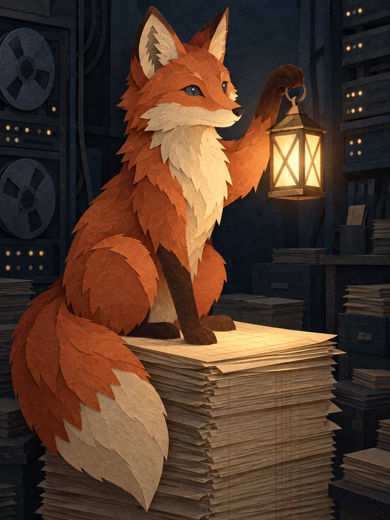 Foxy’s chosen portrait: a paper-cut collage of a coral and rust-orange fox sitting on a stack of cream ledger pages, holding up a small glowing lantern at the edge of a slate-blue machine room.