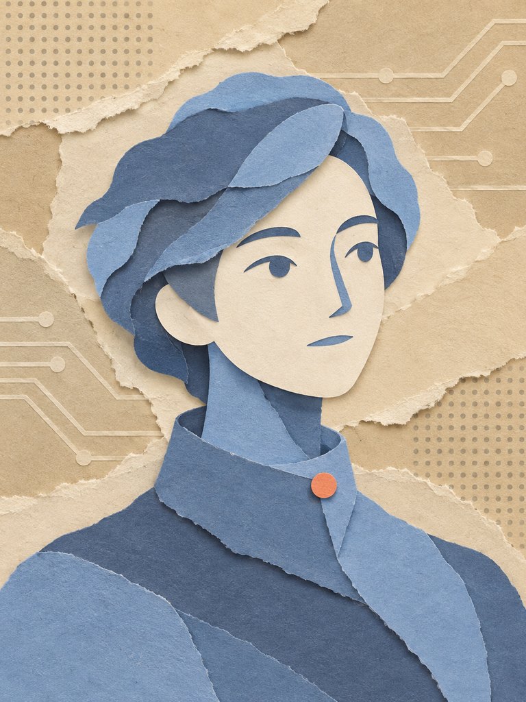 Mai’s chosen portrait: a paper-cut collage of a calm, stylised figure of no particular age or gender, cut from soft blue paper with a cream face and a small coral pin at a high collar, against torn pages traced with circuit lines.