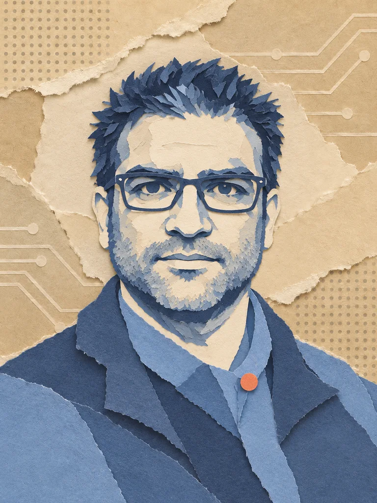 Michel in a layered paper collage, with short dark hair, rectangular glasses and a blue jacket against warm parchment.