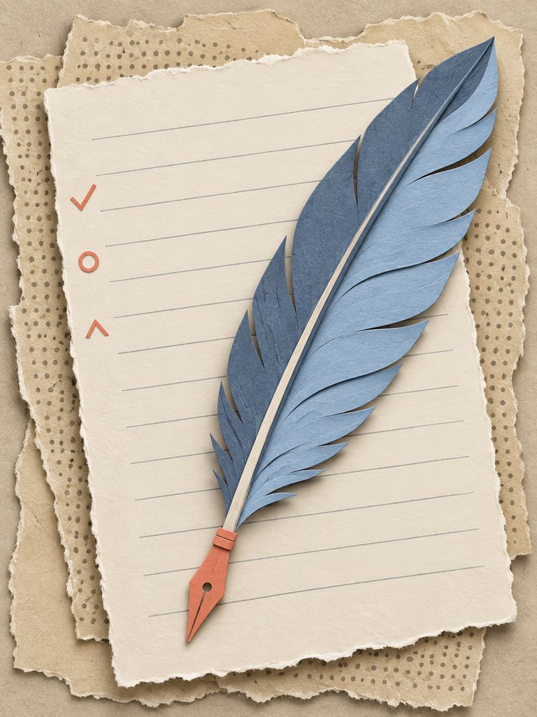Quill’s chosen portrait: a paper-cut collage of a slate-blue quill feather with a small coral nib, resting across a cream ruled page whose margin carries a few coral editor’s marks: a check, a circle, a caret.