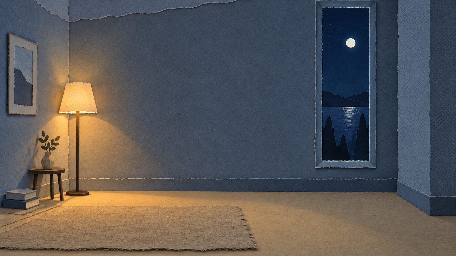 A paper-cut room at night: one warm amber lamp in a corner, its glow lying in a soft pool on the floor, and a tall narrow window opening onto deep blue dark. No figure, just the light and the room waiting.