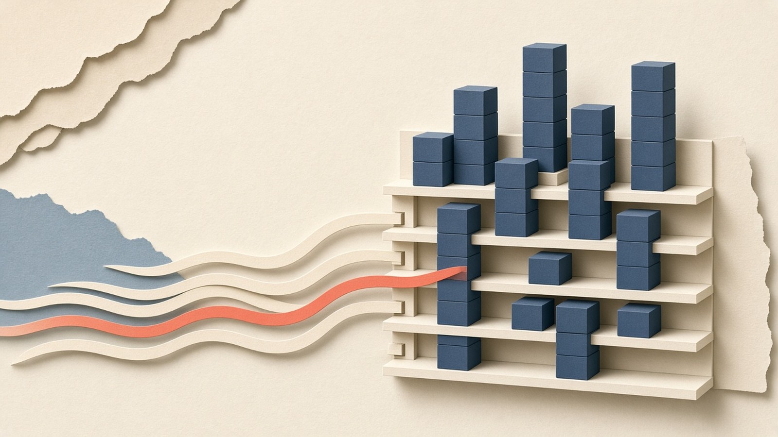 Paper-cut collage of layered expert blocks routing token ribbons across a GPU cluster shelf, coral accent on one active path.