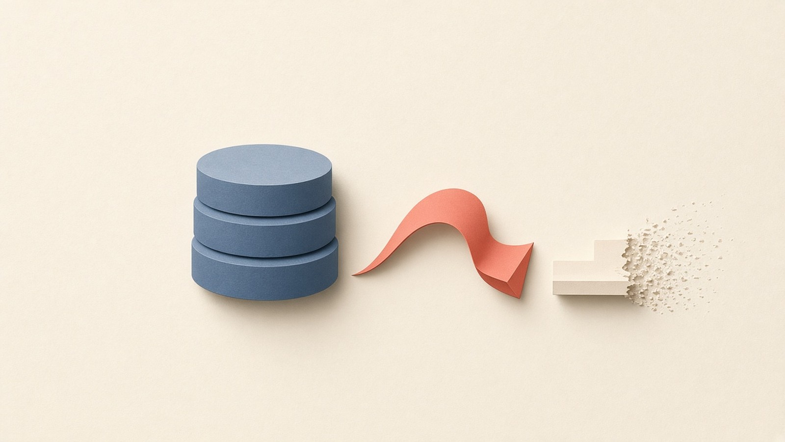 Paper-cut collage of a primary database block beside a separate agent query ribbon that fades to an empty shelf when idle.