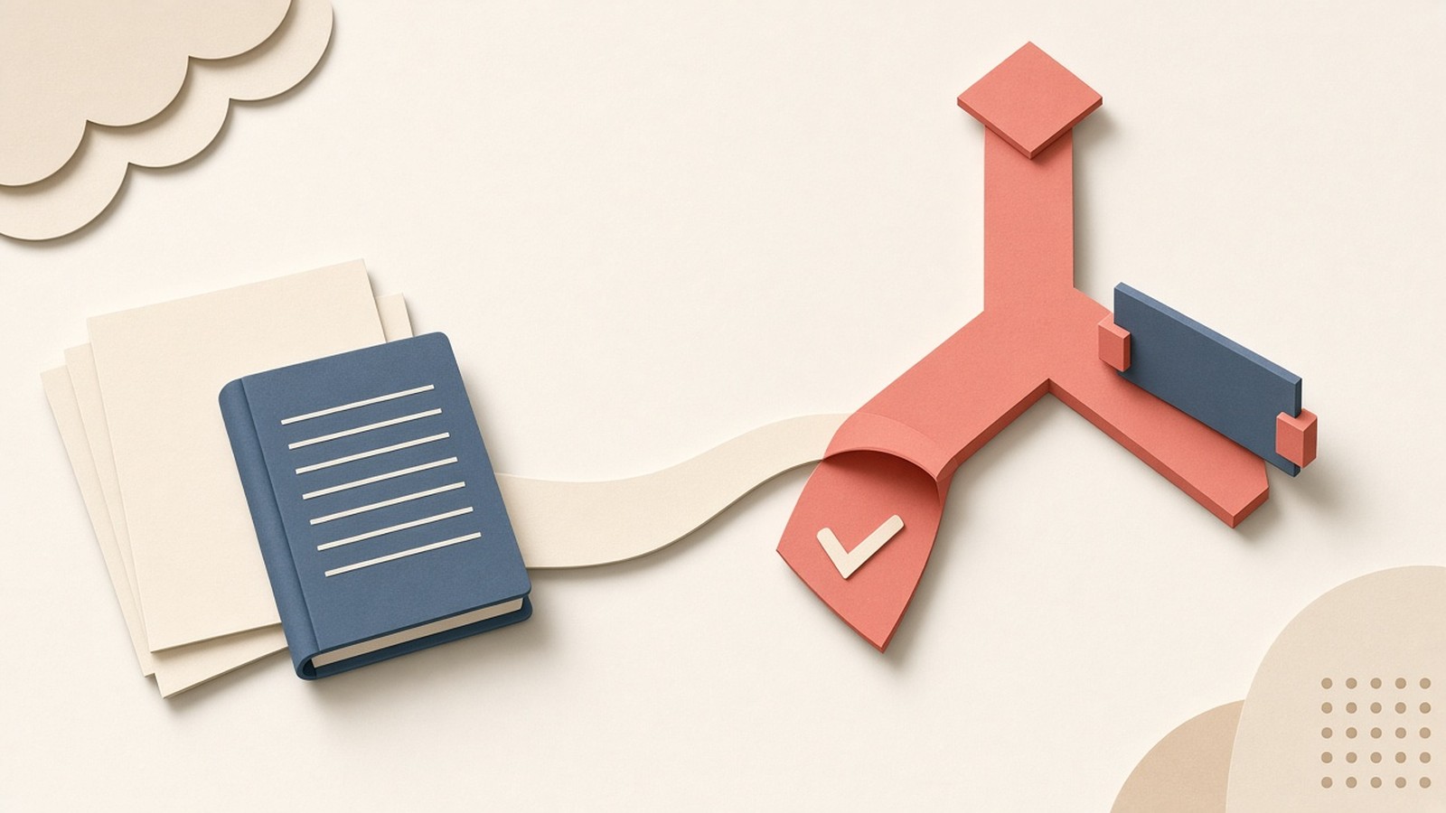 Paper-cut collage of a local verdict ledger beside an agent tool-call ribbon, slate blue and cream with a coral allow/deny gate.
