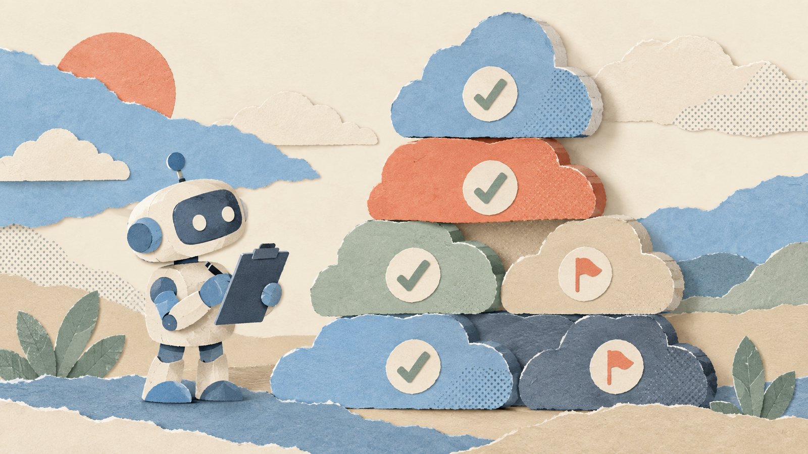 A paper-cut collage in soft blue, coral and cream: a small robot with a clipboard inspects a stack of cloud-shaped building blocks, ticking some and flagging others.