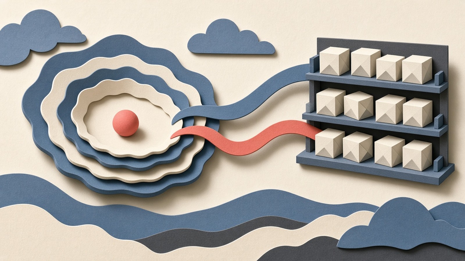 Paper-cut layers show a local memory stack flushing along ribbons into a remote object-storage shelf of cubes.