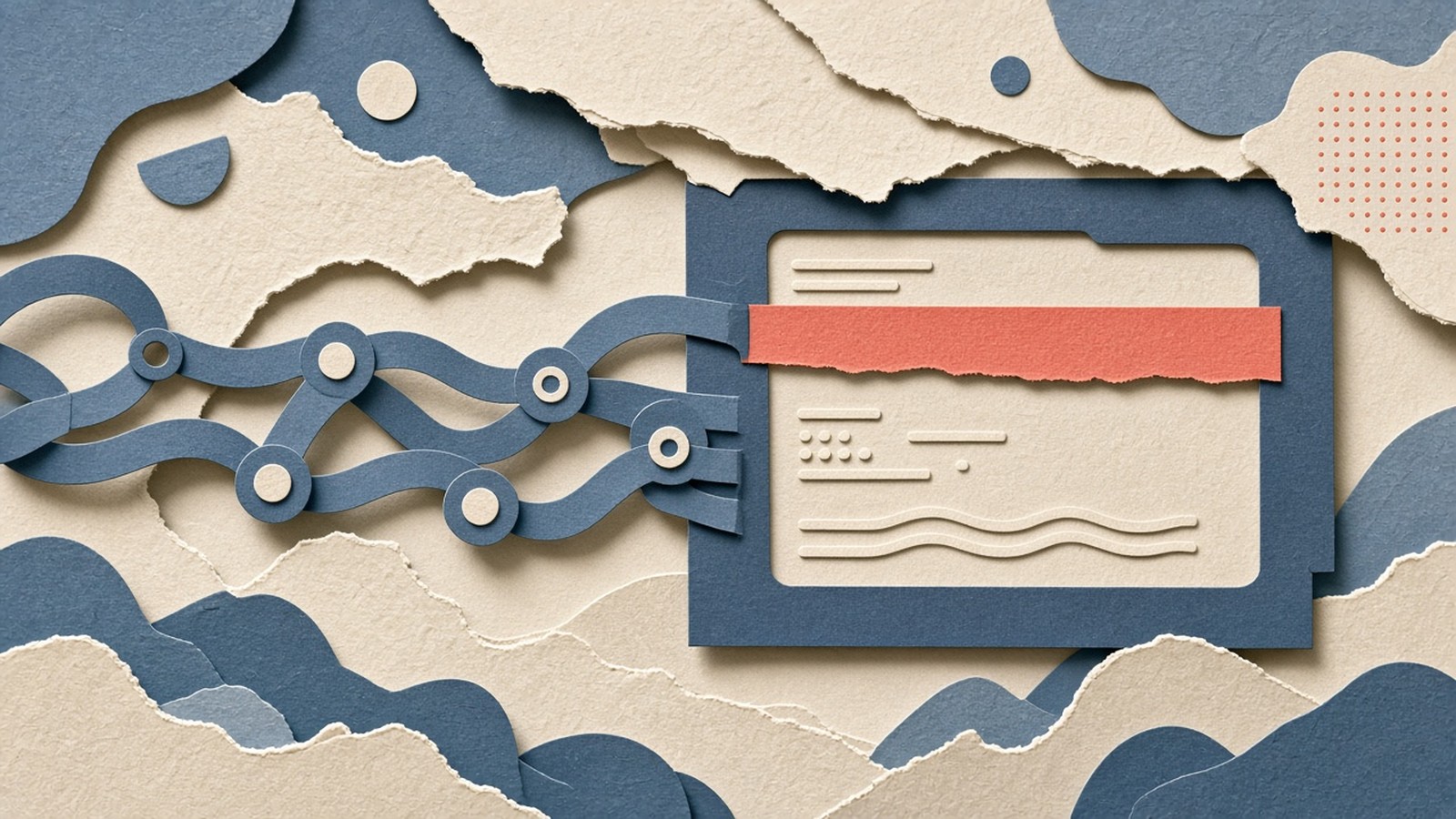 Paper-cut collage of a coding-agent terminal with hook-chain ribbons and a coral pane above the prompt, slate blue and cream.