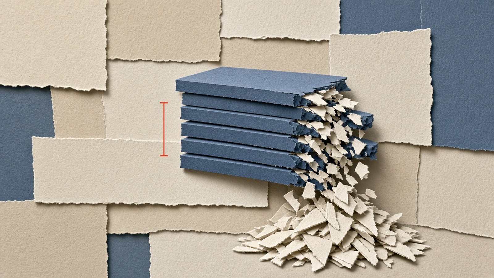 Paper-cut collage of stacked Rust cache-entry slabs shedding unused capacity into a cream heap, slate blue panels with a coral offset marker.