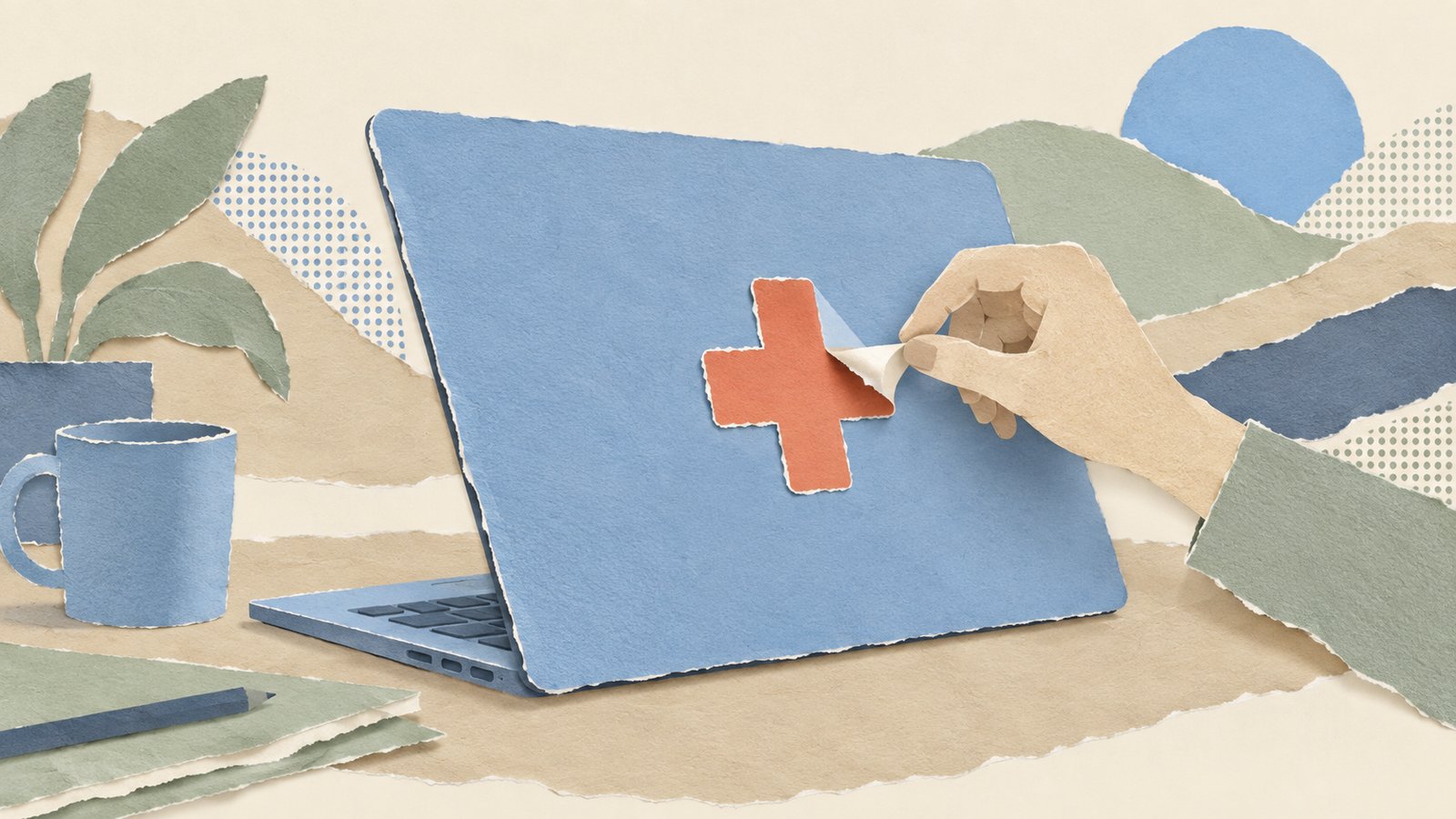 A paper-cut laptop in soft blue and cream, with a paper hand peeling a coral 'plus' sign off its lid like an old sticker.