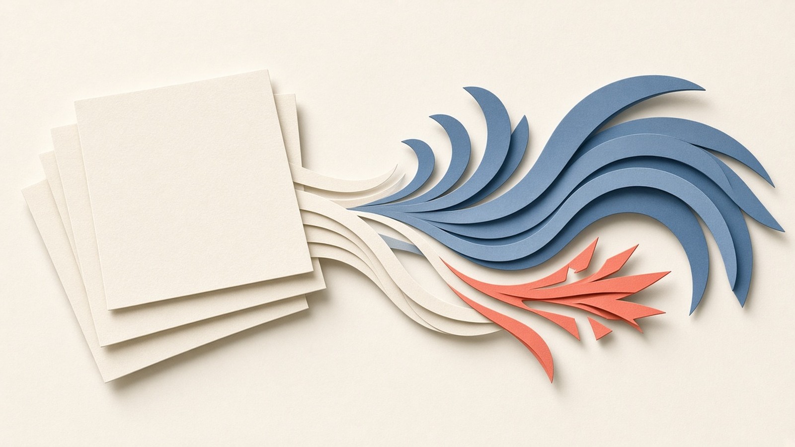 Paper-cut collage of a cream voice ribbon splitting into expressive wavelets, slate panels and a coral accent on a small turbo pulse.