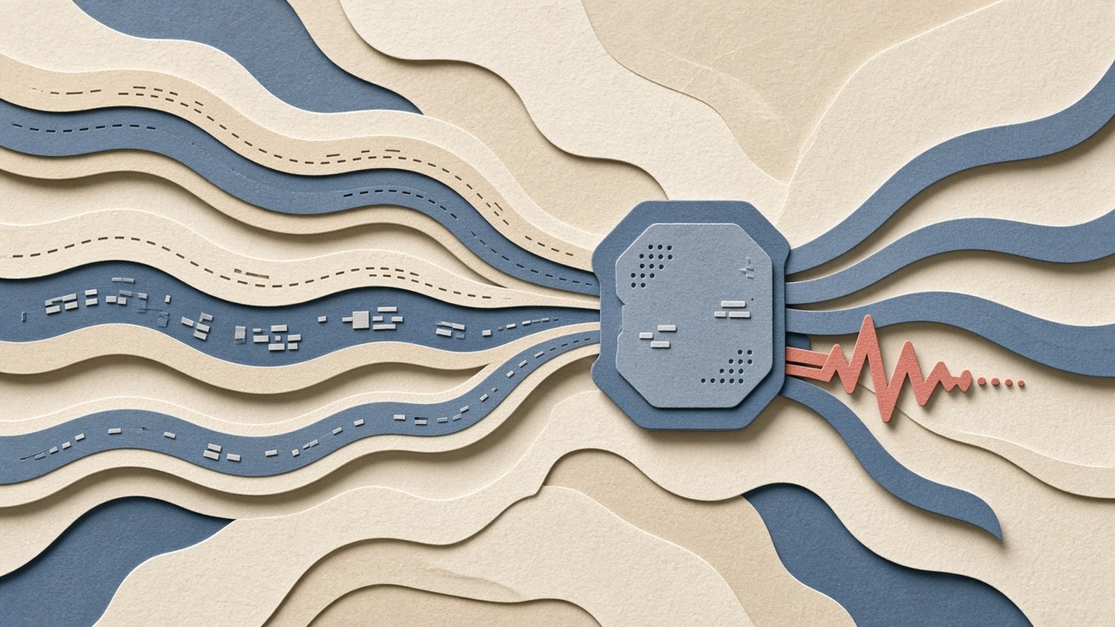 Paper-cut collage of three model lanes converging into a slate cache-aware router node, cream panels and a coral cost pulse.