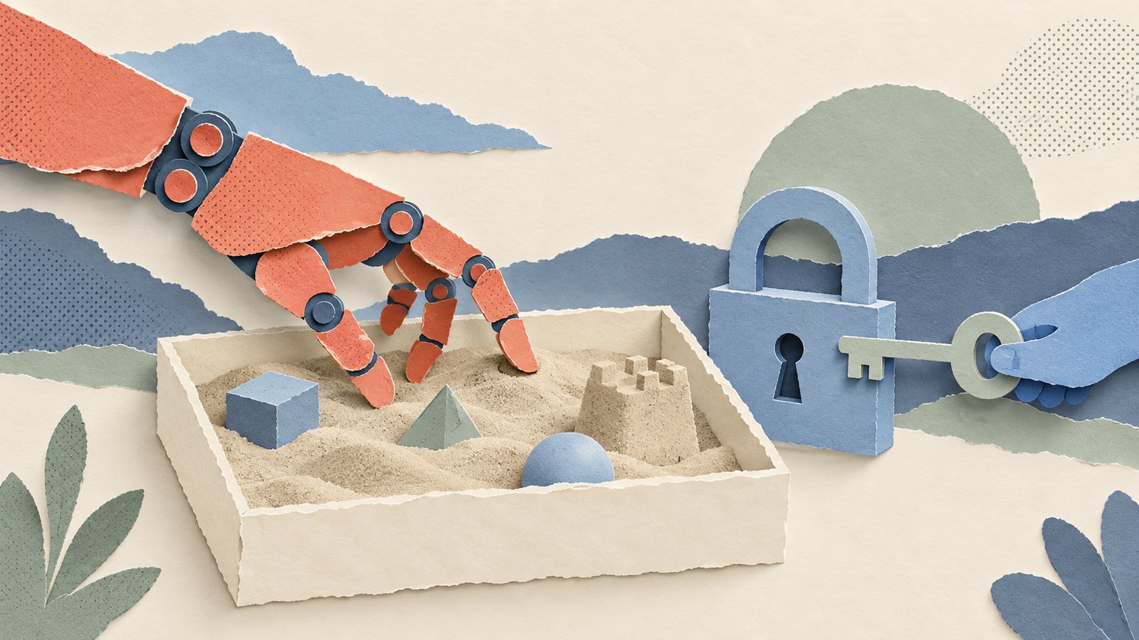 A paper-cut robot hand in coral reaches into a cream sandbox, while beside it a soft blue paper hand turns a key in a padlock.