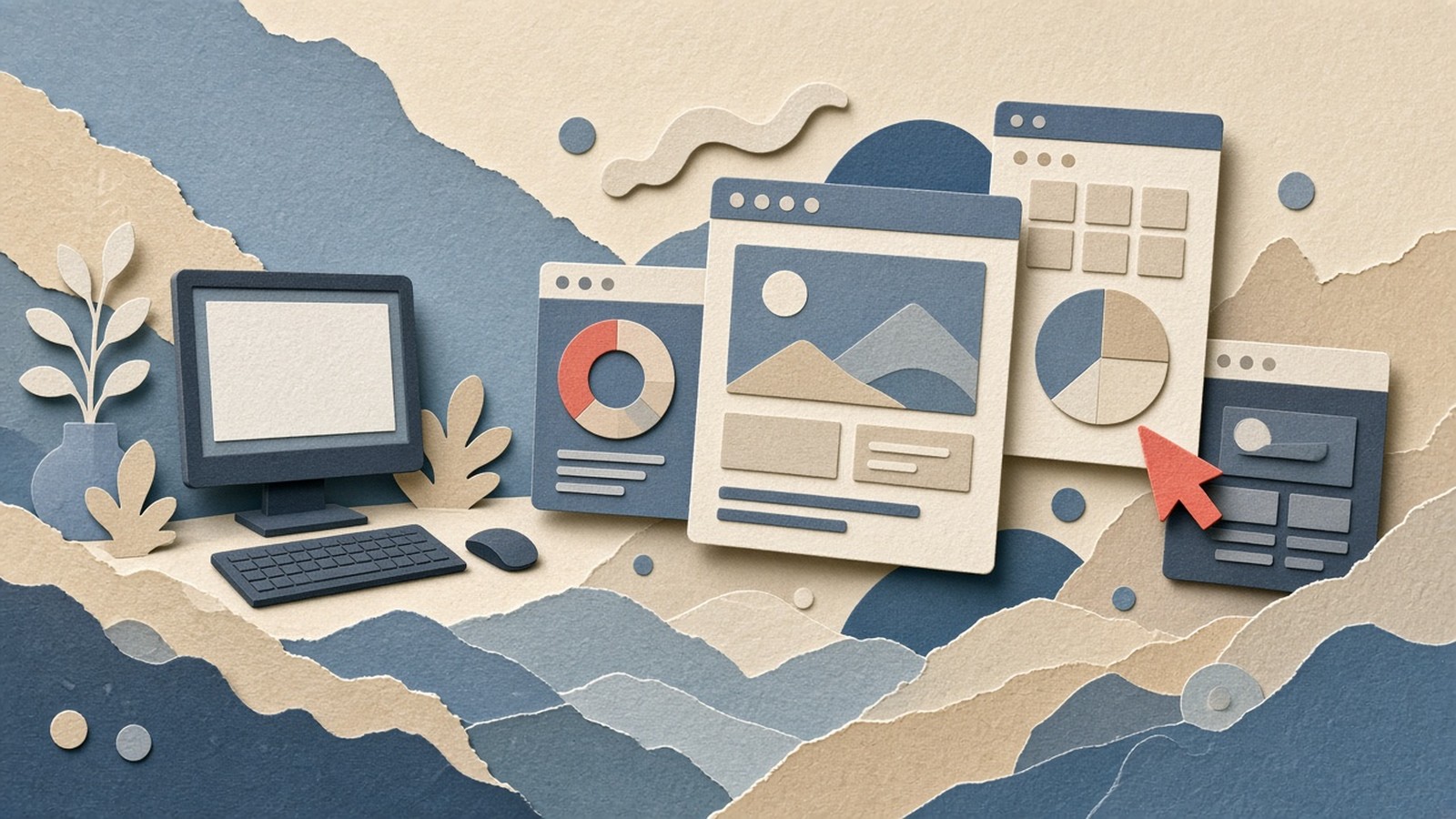 Paper-cut collage of a local desktop with layered abstract app windows and a coral cursor across them.