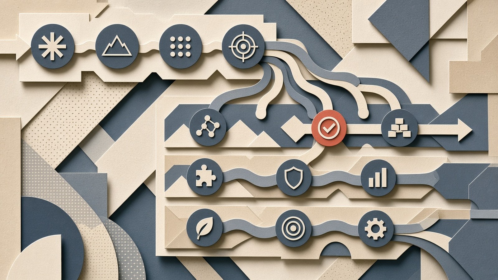 Paper-cut collage of coded workflow steps branching into parallel agent lanes with structured handoff nodes.