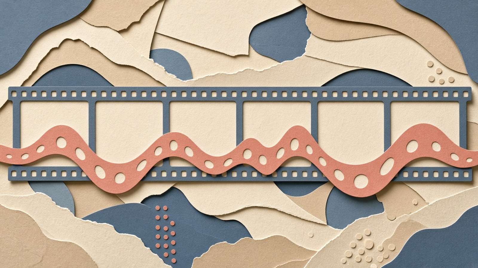Paper-cut collage of a slate film-strip with a coral sound-wave ribbon synced across blank cinematic frames.