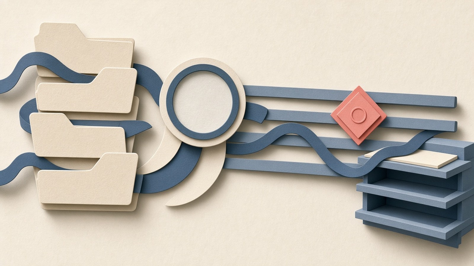 Paper-cut collage of governed document shelves with policy rails, a coral HITL checkpoint, and an audit-trail ribbon through folders and viewers.