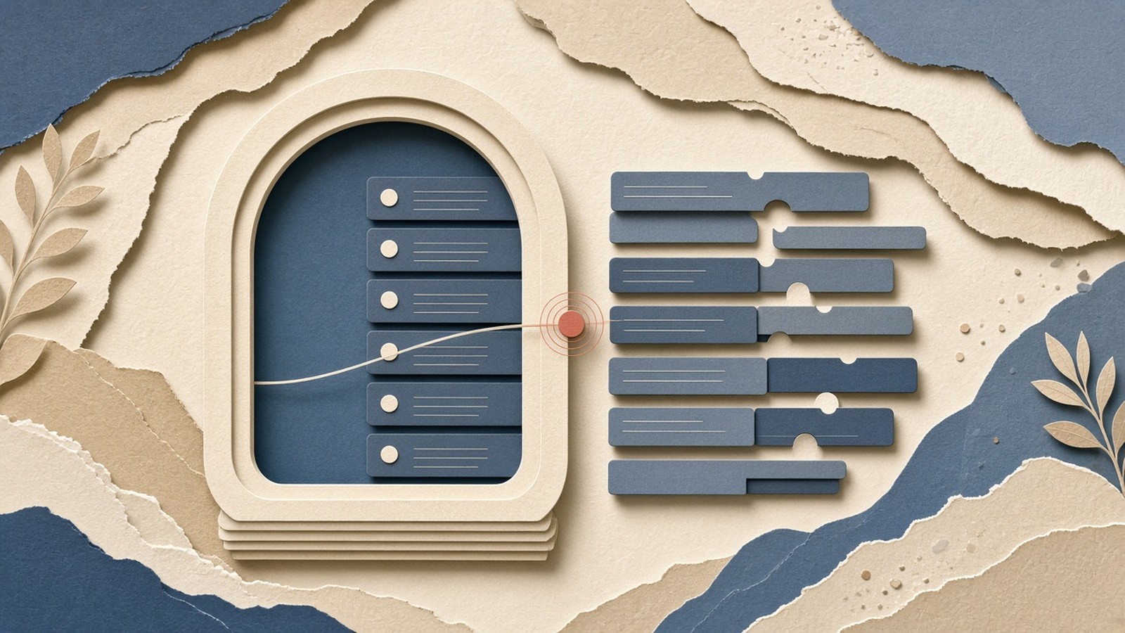 Paper-cut collage of a compact MCP portal opening onto slate API shelves, cream panels and a coral search-to-execute pulse.