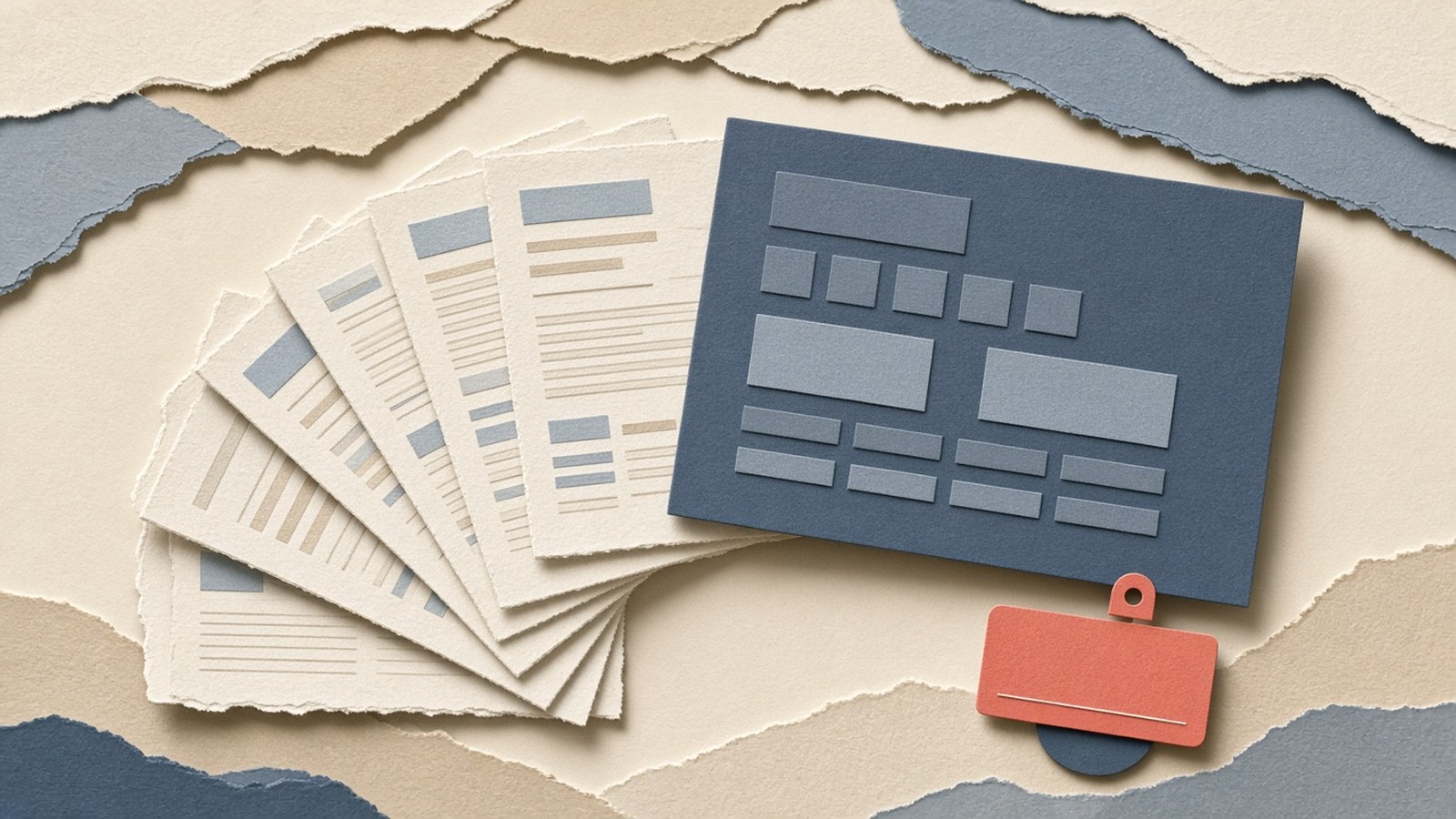 Paper-cut collage of a schema card lifting fields from layered document pages, cream panels and a coral citation box accent.