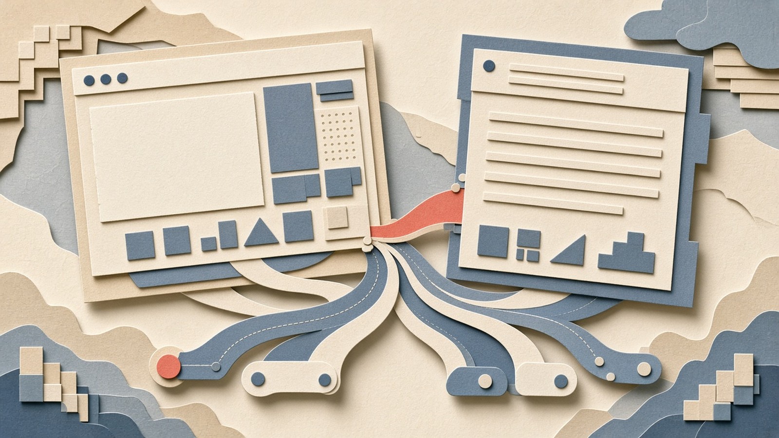 Paper-cut collage of a desktop and CLI terminal tuning local kernels beside shared agent-session ribbons, slate blue and cream with a coral accent.