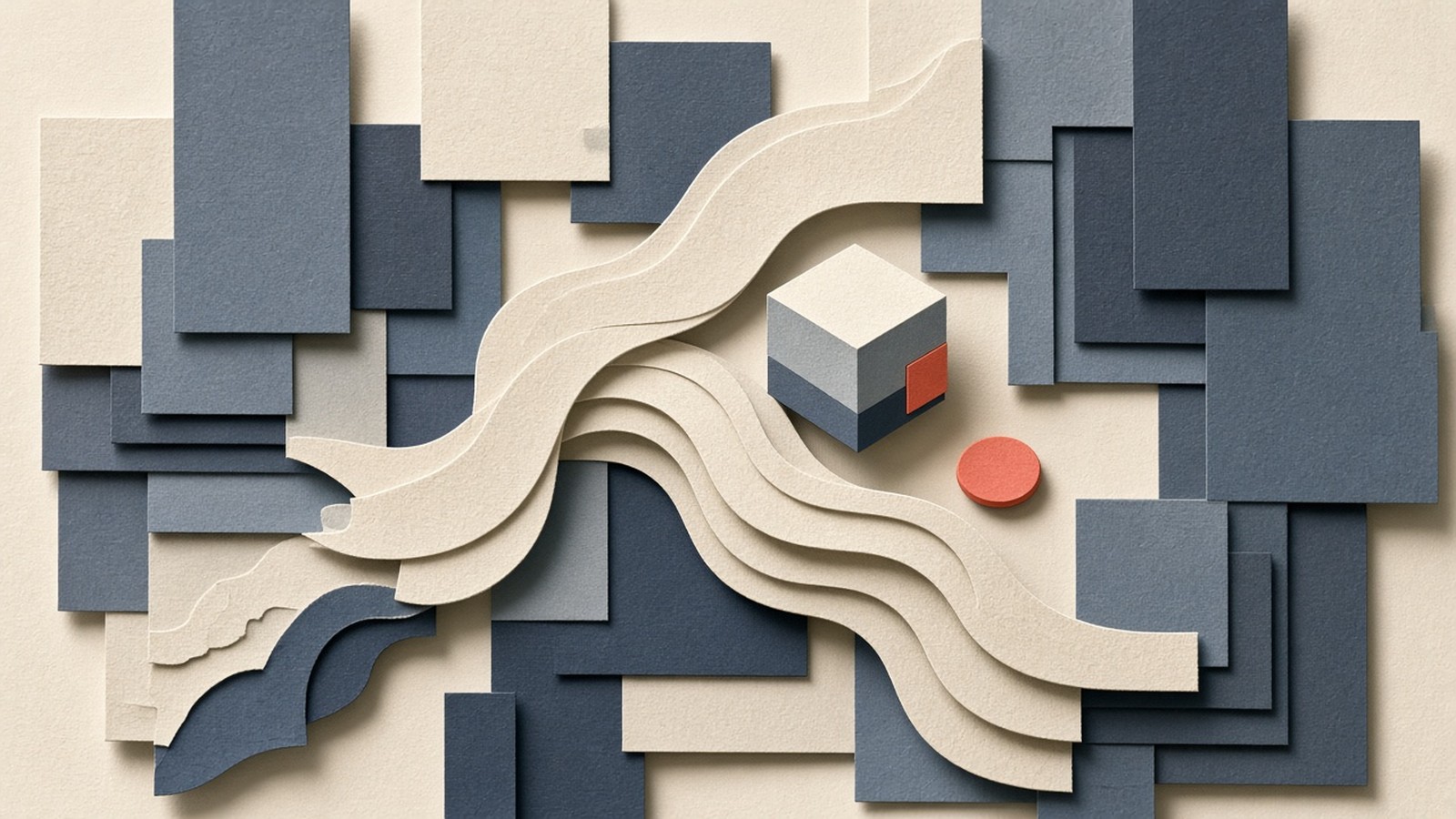Paper-cut collage of layered slate studio panels around a cream cascade ribbon, coral accent on a cloud-computer cube and a cue token.