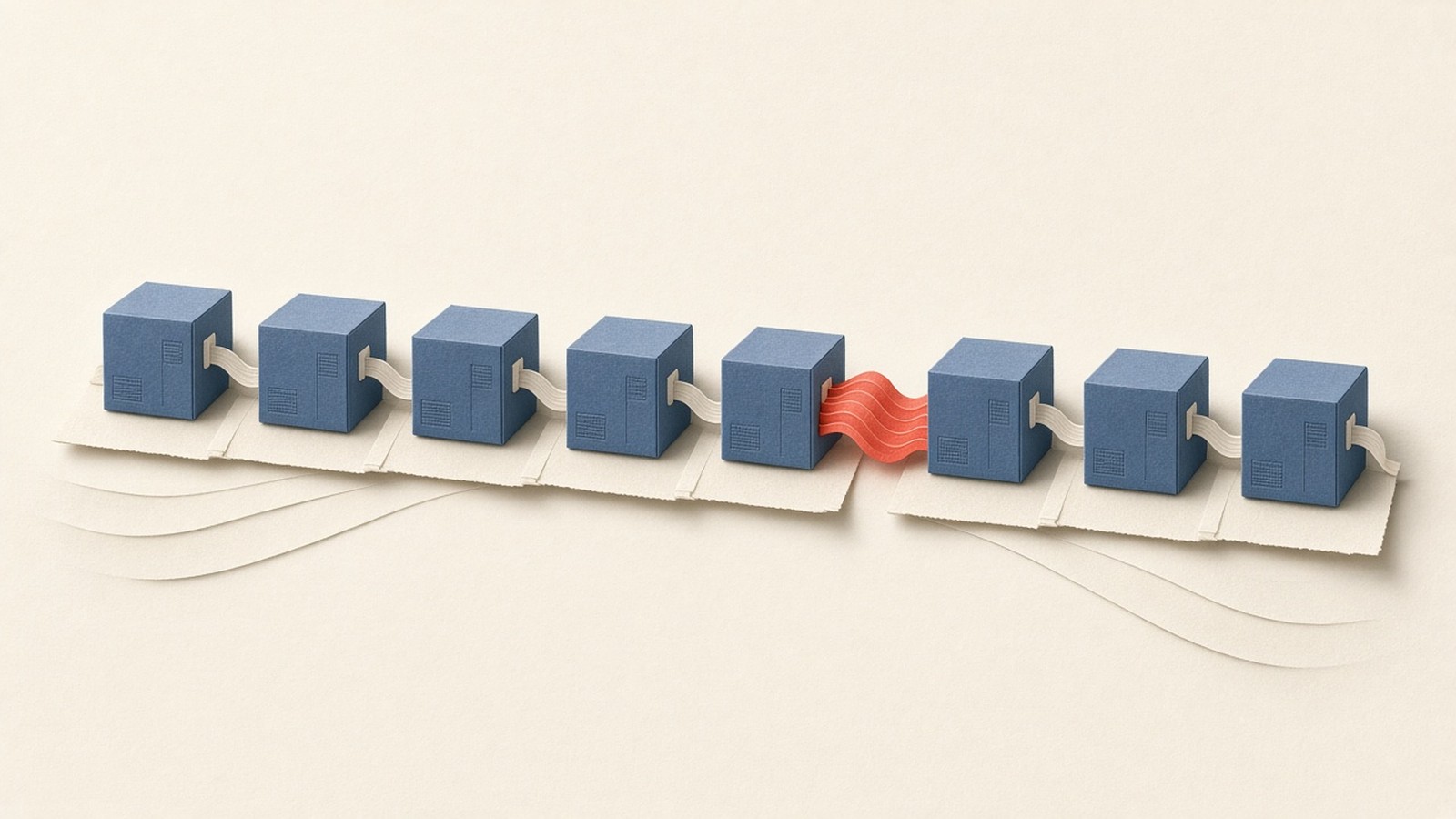 Paper-cut collage of linked GPU nodes on a slate fabric spine, cream panels and a coral RDMA pulse between racks.