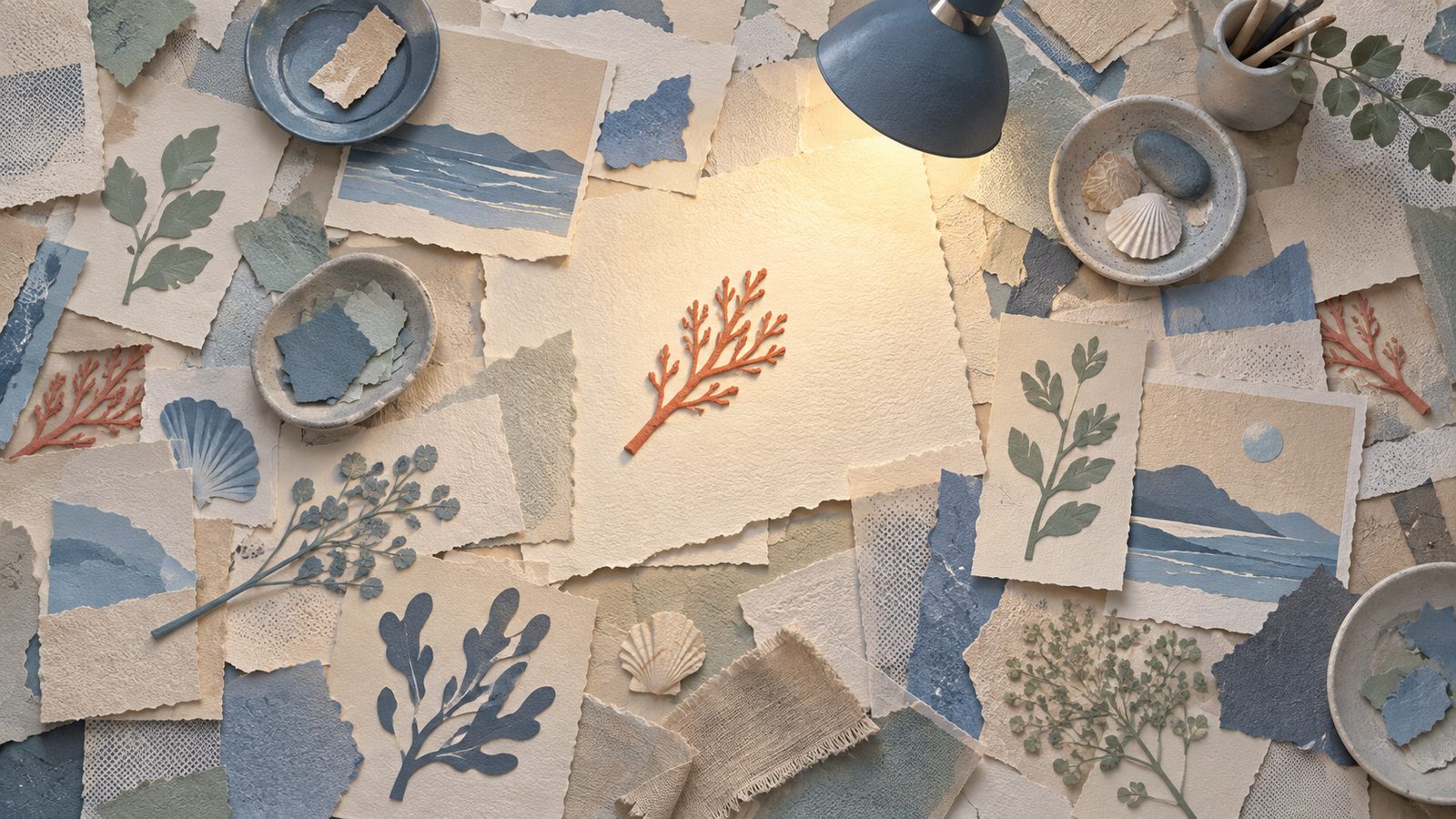 A paper-cut collage of a crowded worktable seen from above, covered in torn paper sheets; a desk lamp lights one coral sprig at the centre, while two more sit dim at the table's edges.