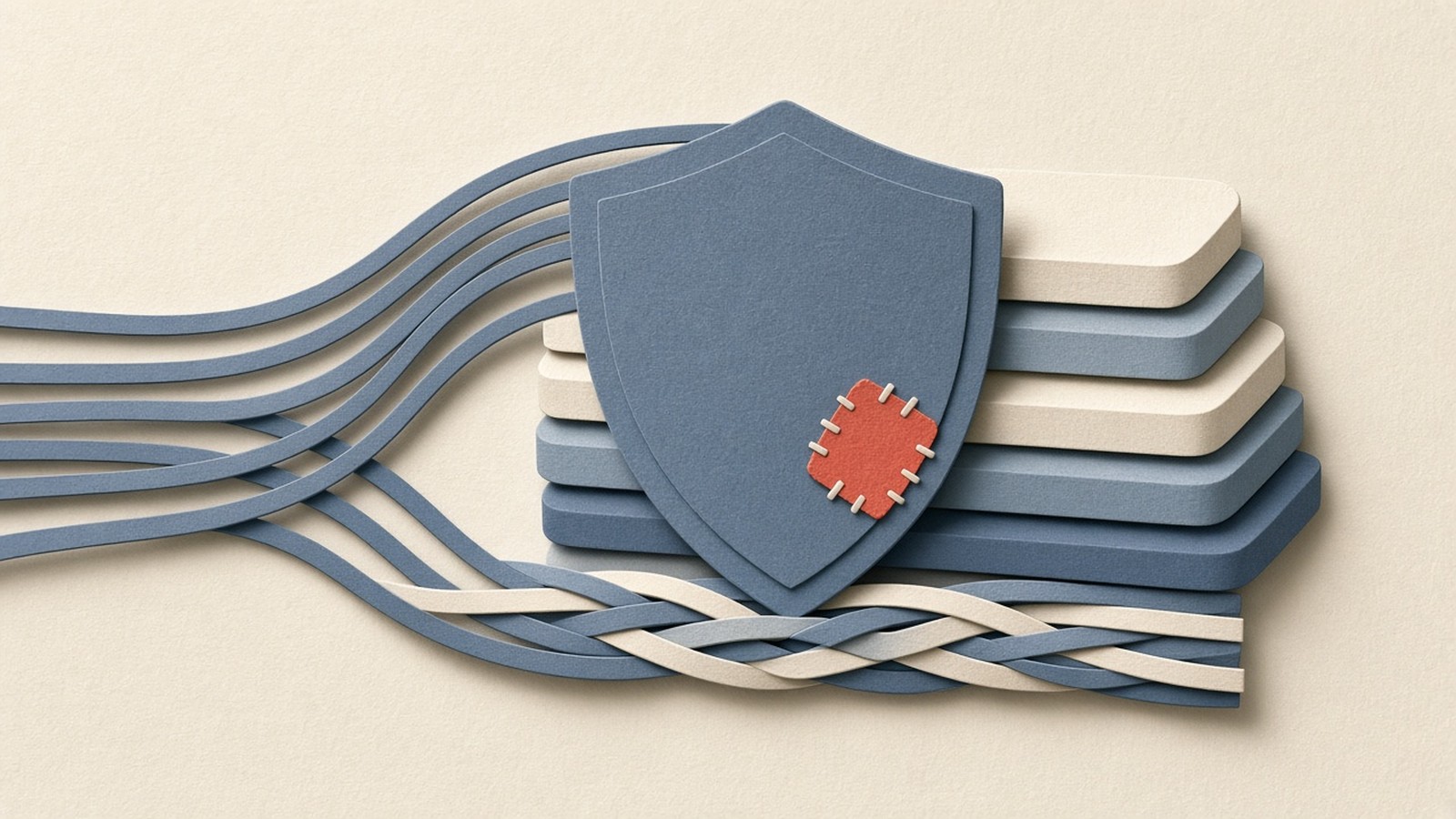 Paper-cut collage of a slate-blue shield over pooled connection wires with a coral patch accent beside stacked backend shelves.