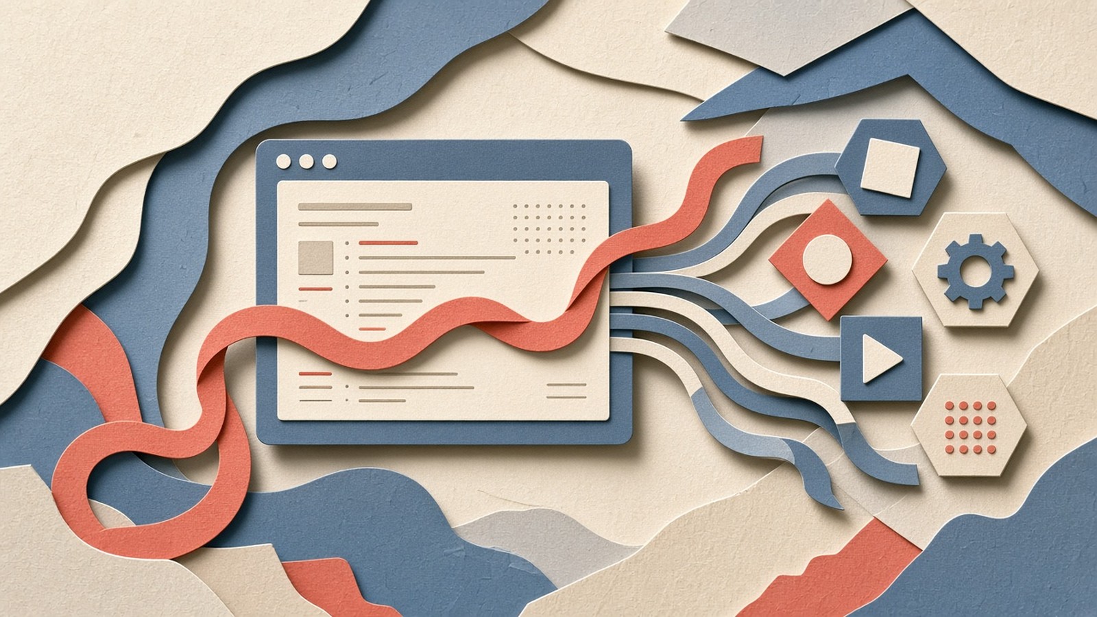 Paper-cut collage of a minimal coding-agent terminal with MCP tool ribbons and a coral crash-resume thread, slate blue and cream.