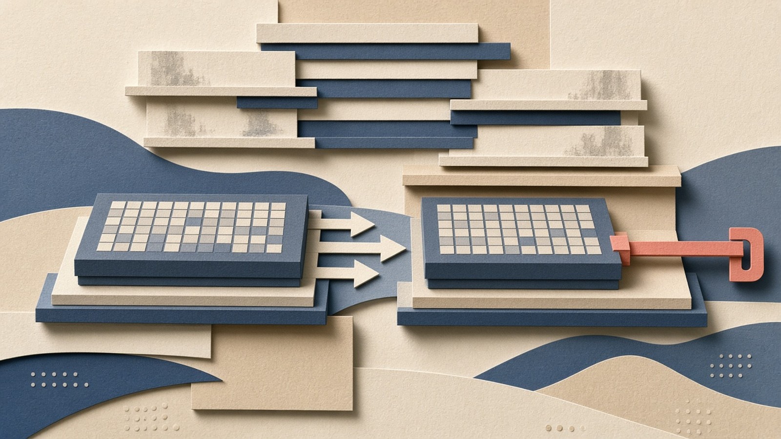 Paper-cut collage of a database slab being copied beside a thin coral lock bar at the end, with faded vacuum marks across stacked shelves.