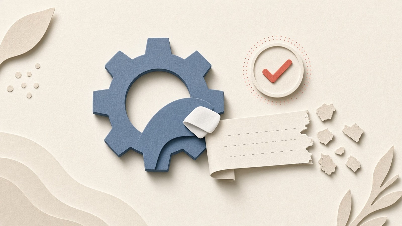 Paper-cut collage of a Kubernetes operator gear wiping a password ribbon while a healthy-status badge stays lit.