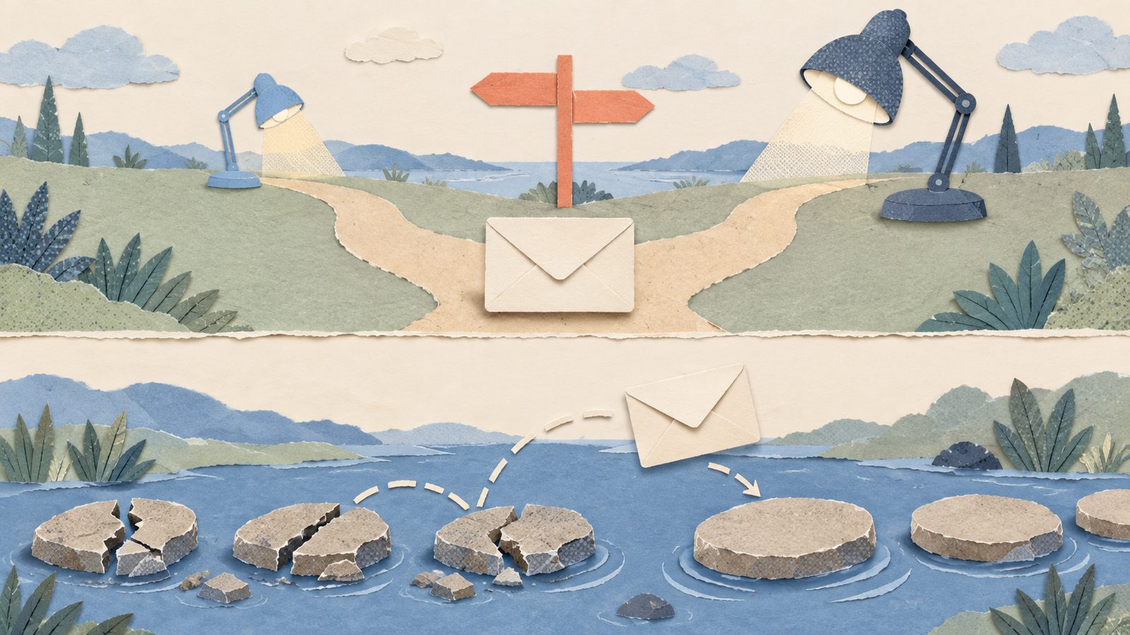 A paper-cut envelope is routed between a smaller and larger model, then hops over three broken stones to reach a clear path.