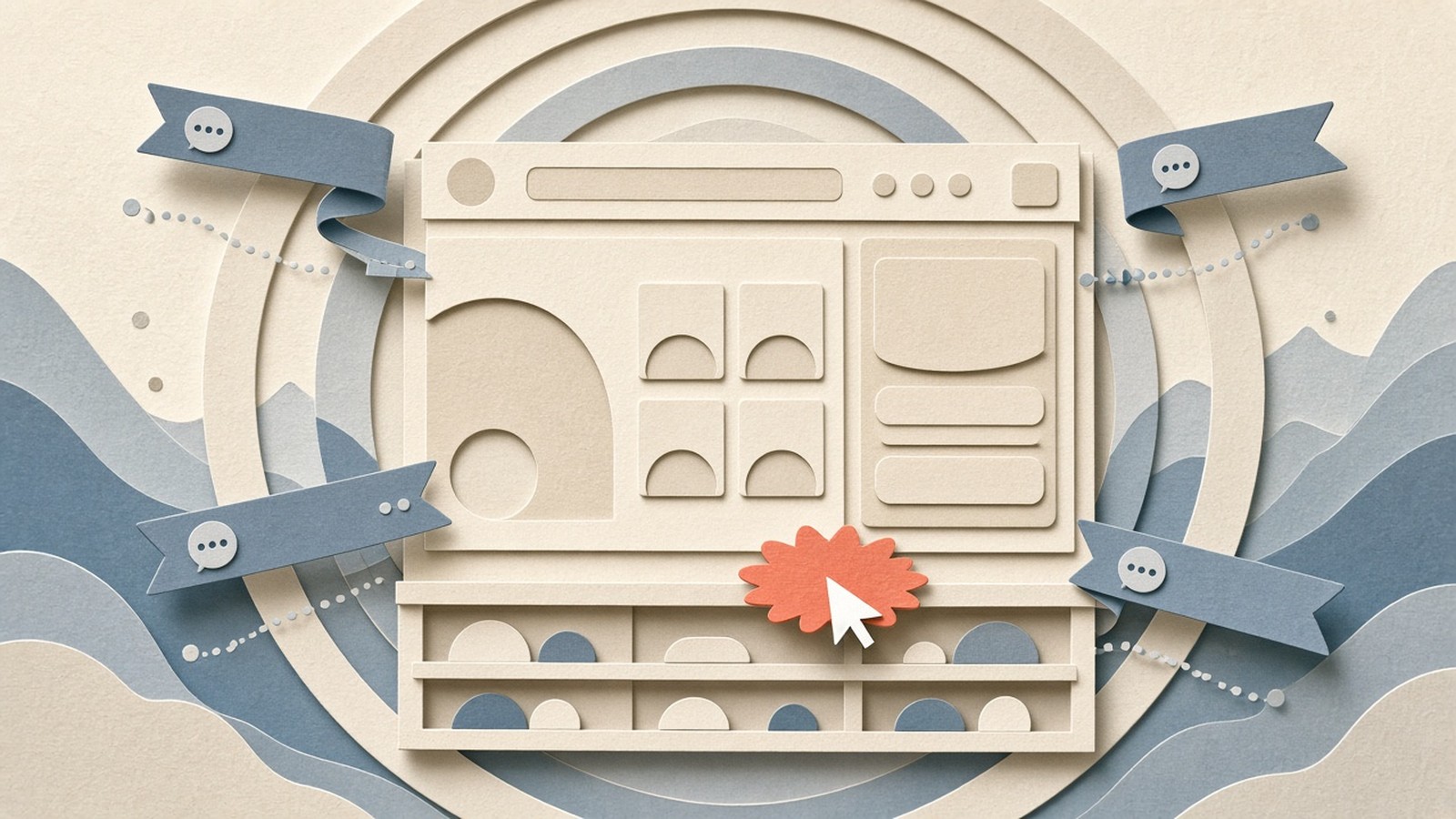 Paper-cut collage of a pan-zoom storefront map with Sidekick chat ribbons editing live theme panels, cream shelves on slate with a coral cursor.