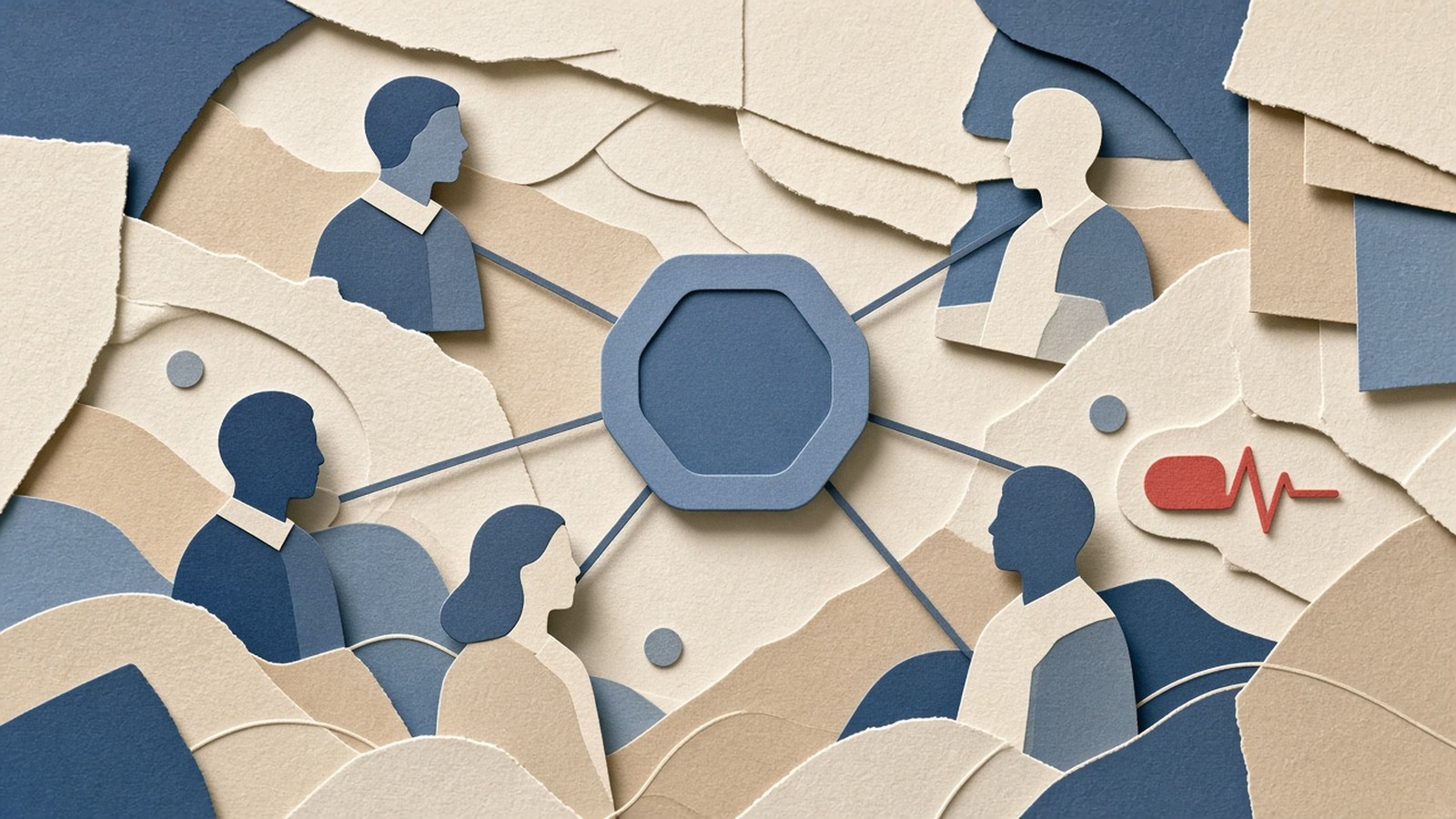 Paper-cut collage of linked teammate silhouettes around a shared slate bot node, cream panels and a coral Slack-handle pulse.