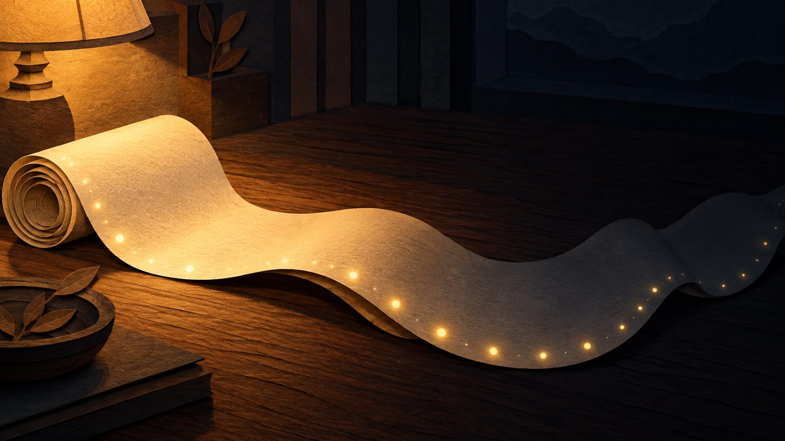 A paper-cut of a long cream scroll, rolled at one end, curving across a dark wooden table under the warm light of a shaded lamp, a trail of tiny glowing marks along its edge and its far end slipping into shadow. No figure, no clock.
