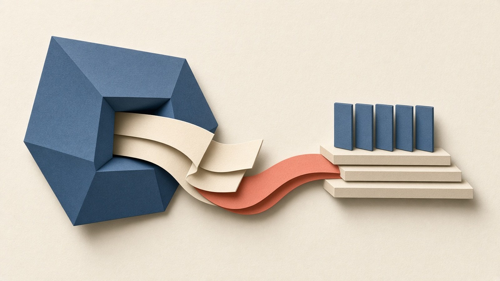 Paper-cut collage of a search engine block overlapping an embedding ribbon with an S3 metadata shelf, coral accent on the parallel path.