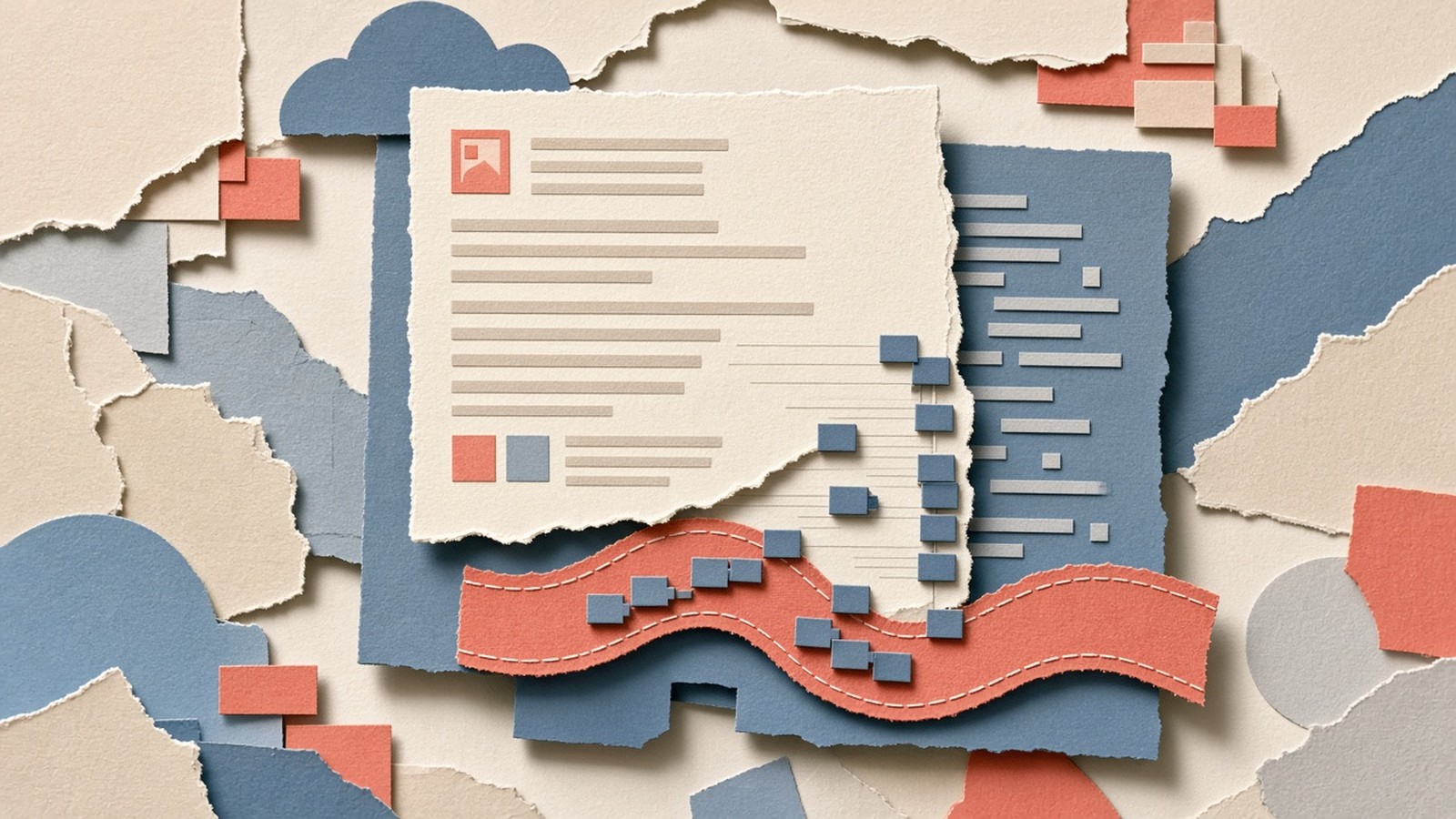 Paper-cut collage of a Word page layered over an HTML sheet with a coral reconciler ribbon stitching OOXML blocks back into the original file.