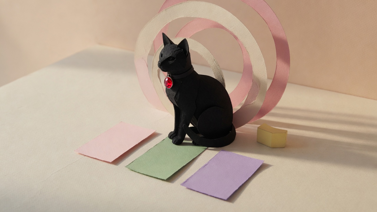 Black paper cat with a collar and a large ruby, sitting by rose paper rings. Generated cover art, not a photo.